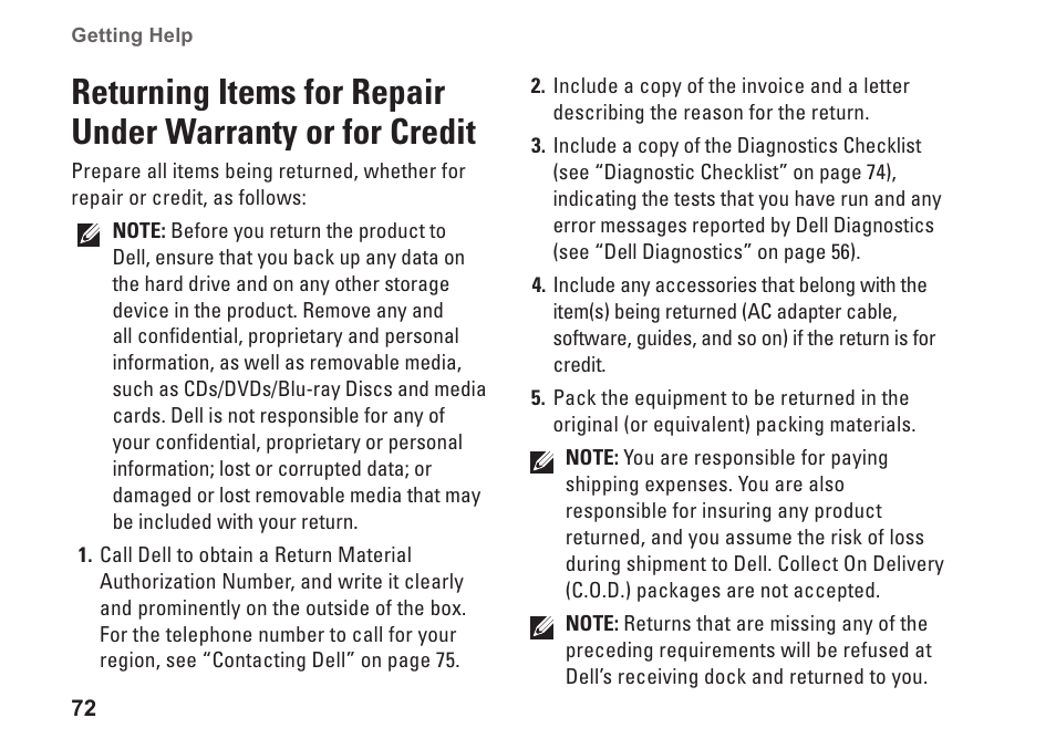 Returning items for repair under, Warranty or for credit | Dell Inspiron One 2305 (Mid 2010) User Manual | Page 74 / 92