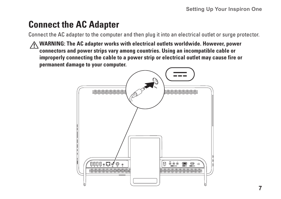 Connect the ac adapter | Dell Inspiron One 2305 (Mid 2010) User Manual | Page 9 / 92