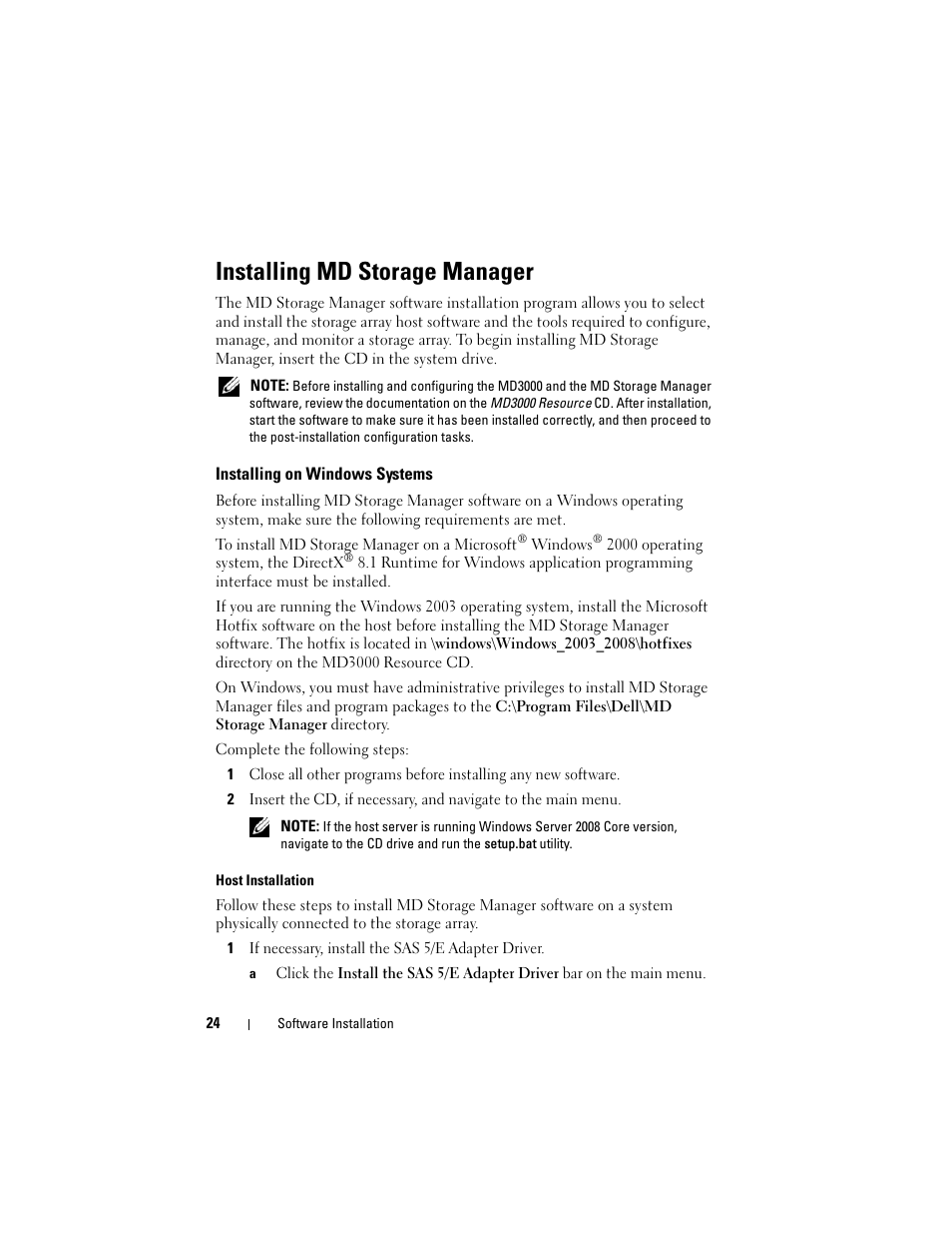 Installing md storage manager, Installing on windows systems | Dell PowerVault MD3000 User Manual | Page 24 / 46