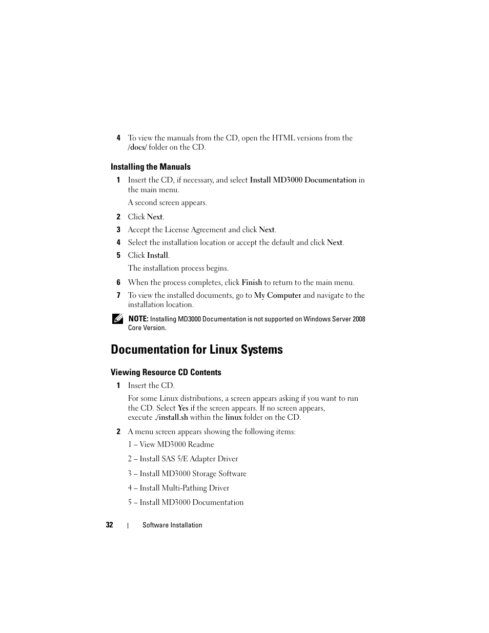 Installing the manuals, Documentation for linux systems, Viewing resource cd contents | Dell PowerVault MD3000 User Manual | Page 32 / 46