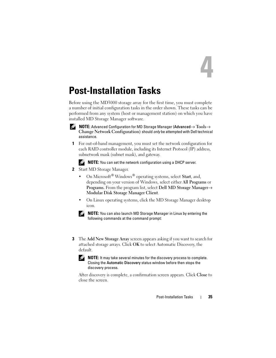 Post-installation tasks | Dell PowerVault MD3000 User Manual | Page 35 / 46