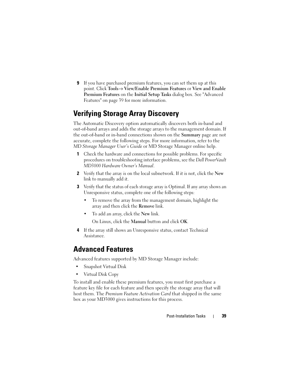 Verifying storage array discovery, Advanced features | Dell PowerVault MD3000 User Manual | Page 39 / 46