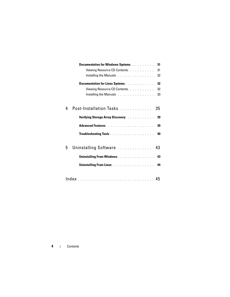 4post-installation tasks, 5uninstalling software, Index | Dell PowerVault MD3000 User Manual | Page 4 / 46