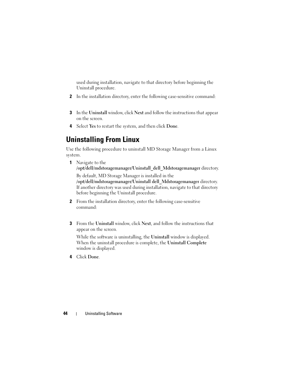 Uninstalling from linux | Dell PowerVault MD3000 User Manual | Page 44 / 46