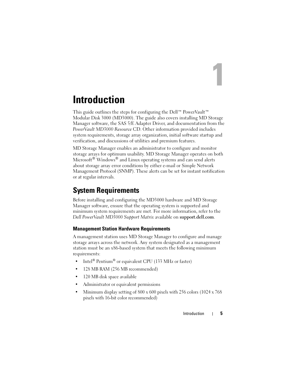 Introduction, System requirements, Management station hardware requirements | Dell PowerVault MD3000 User Manual | Page 5 / 46