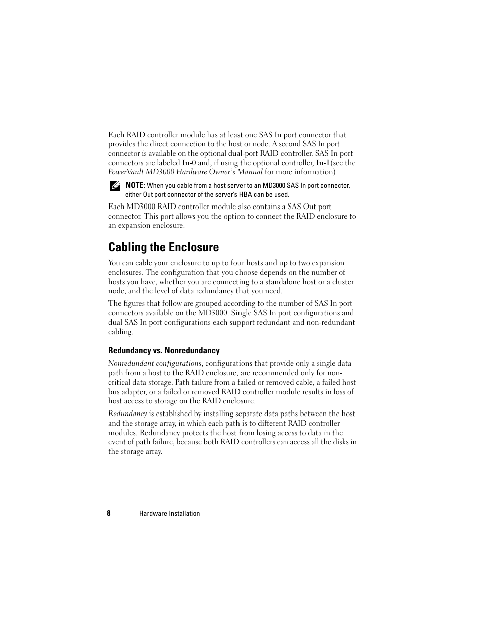 Cabling the enclosure, Redundancy vs. nonredundancy | Dell PowerVault MD3000 User Manual | Page 8 / 46