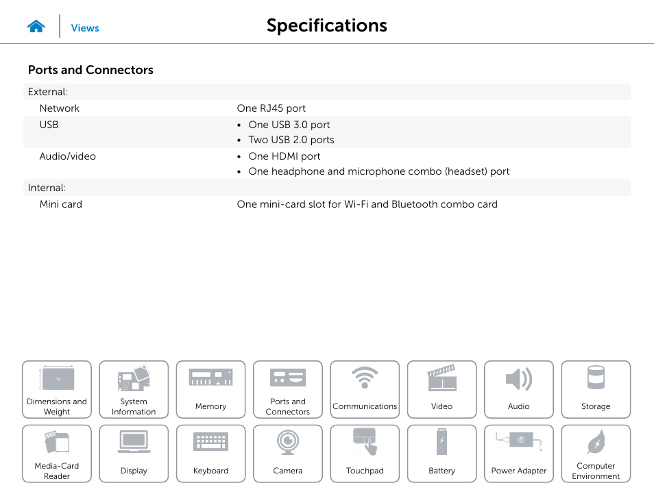 Ports and, Connectors, Specifications | Ports and connectors | Dell Inspiron 14 (3441, Mid 2014) User Manual | Page 10 / 22