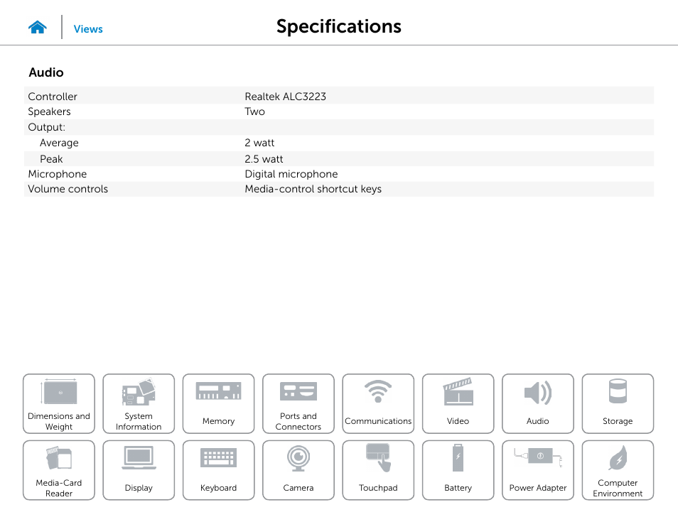 Audio, Specifications | Dell Inspiron 14 (3441, Mid 2014) User Manual | Page 13 / 22