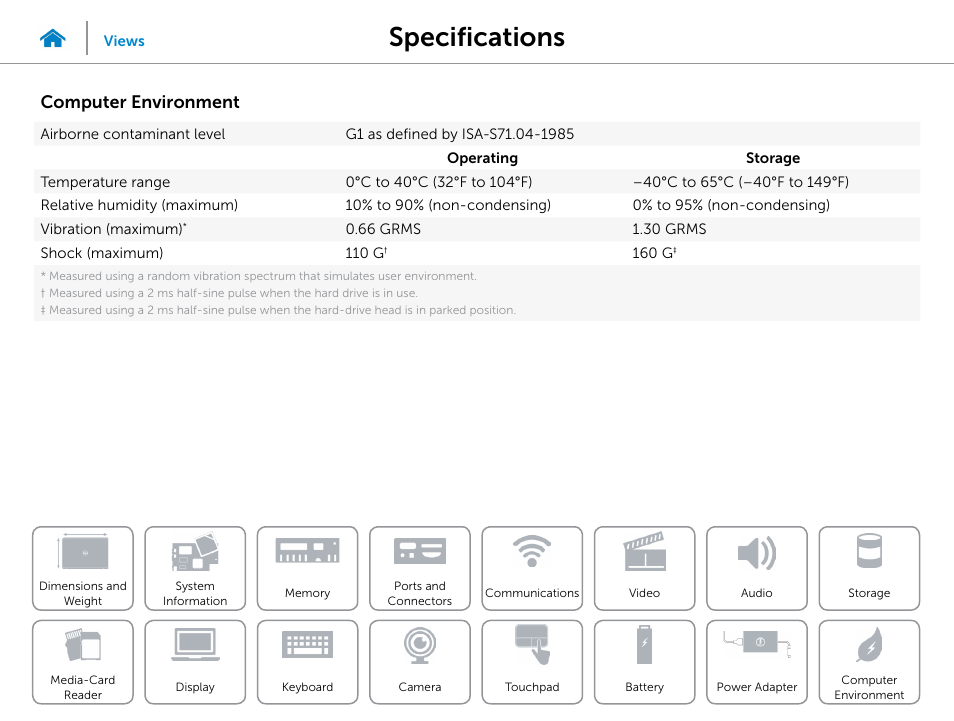 Computer, Environment, Specifications | Computer environment | Dell Inspiron 14 (3441, Mid 2014) User Manual | Page 22 / 22