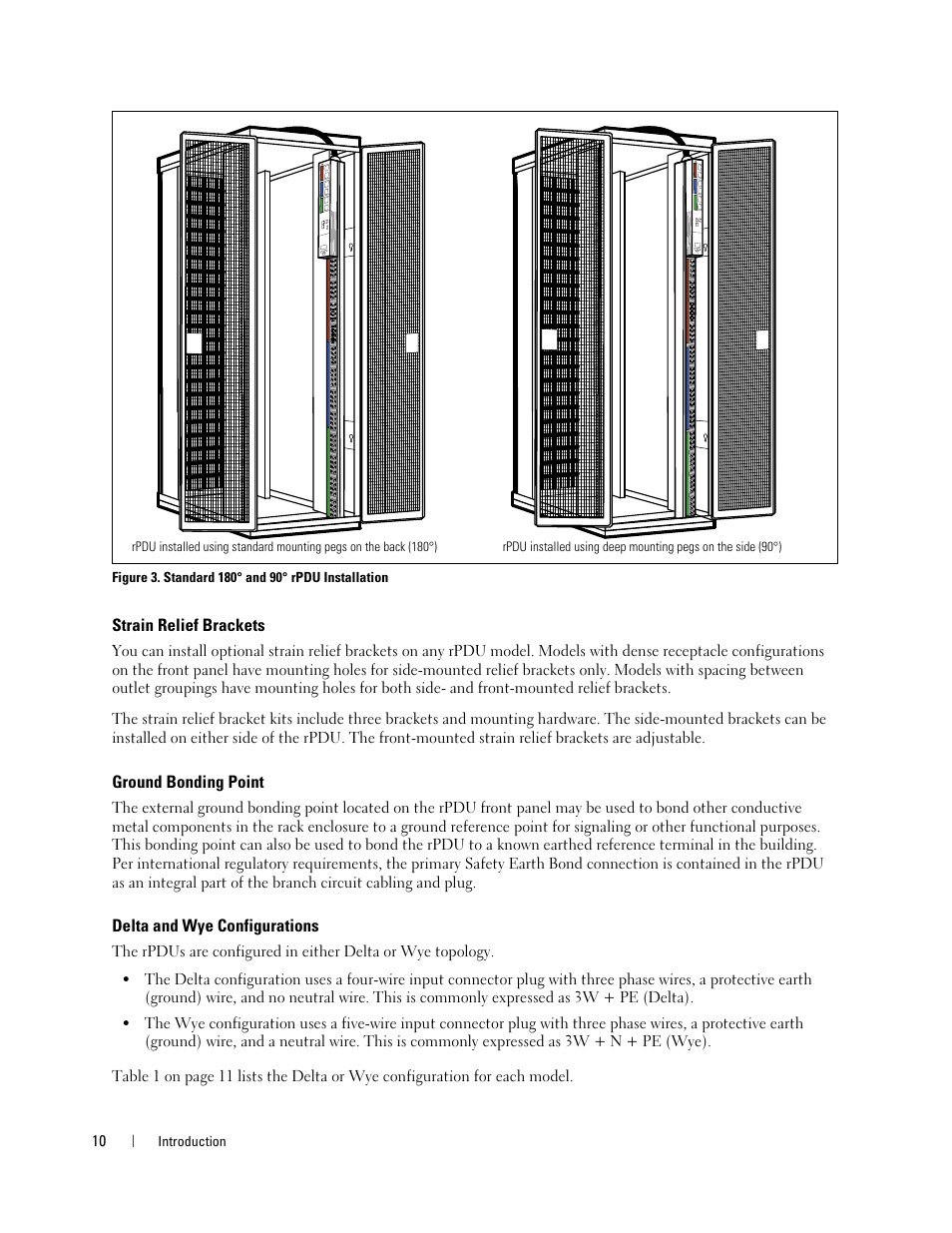 Strain relief brackets, Ground bonding point, Delta and wye configurations | Dell Metered PDU LCD User Manual | Page 10 / 90