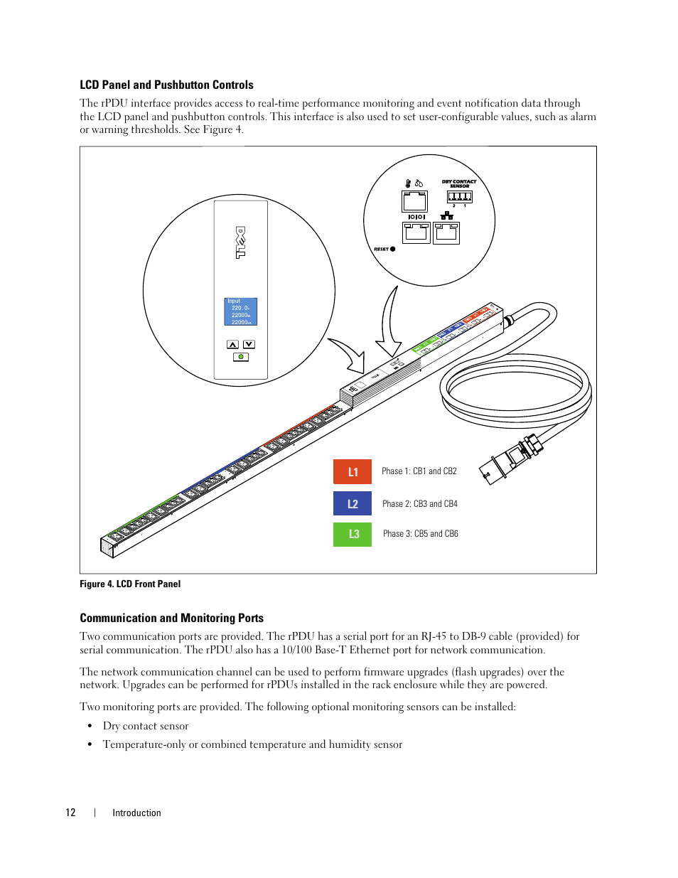 Lcd panel and pushbutton controls, Communication and monitoring ports | Dell Metered PDU LCD User Manual | Page 12 / 90