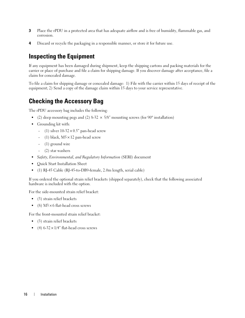 Inspecting the equipment, Checking the accessory bag | Dell Metered PDU LCD User Manual | Page 16 / 90