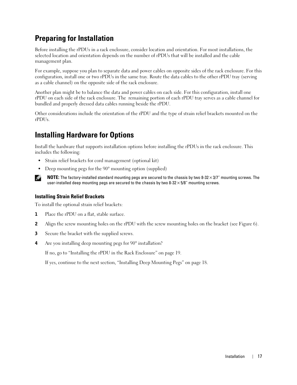 Preparing for installation, Installing hardware for options, Installing strain relief brackets | Dell Metered PDU LCD User Manual | Page 17 / 90