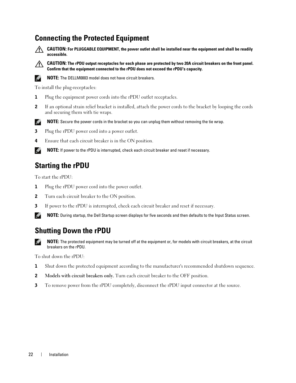 Connecting the protected equipment, Starting the rpdu, Shutting down the rpdu | Dell Metered PDU LCD User Manual | Page 22 / 90