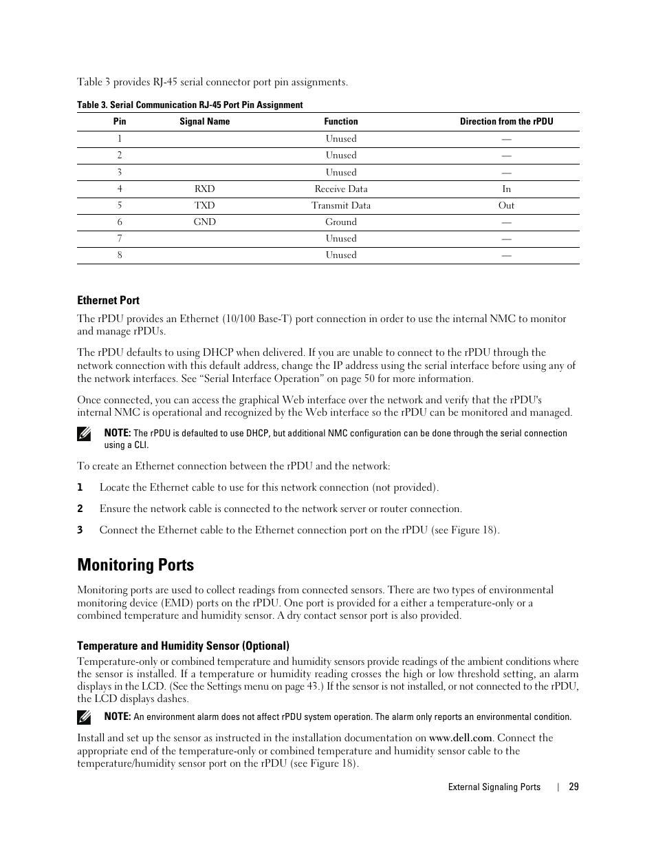 Ethernet port, Monitoring ports, Temperature and humidity sensor (optional) | Dell Metered PDU LCD User Manual | Page 29 / 90