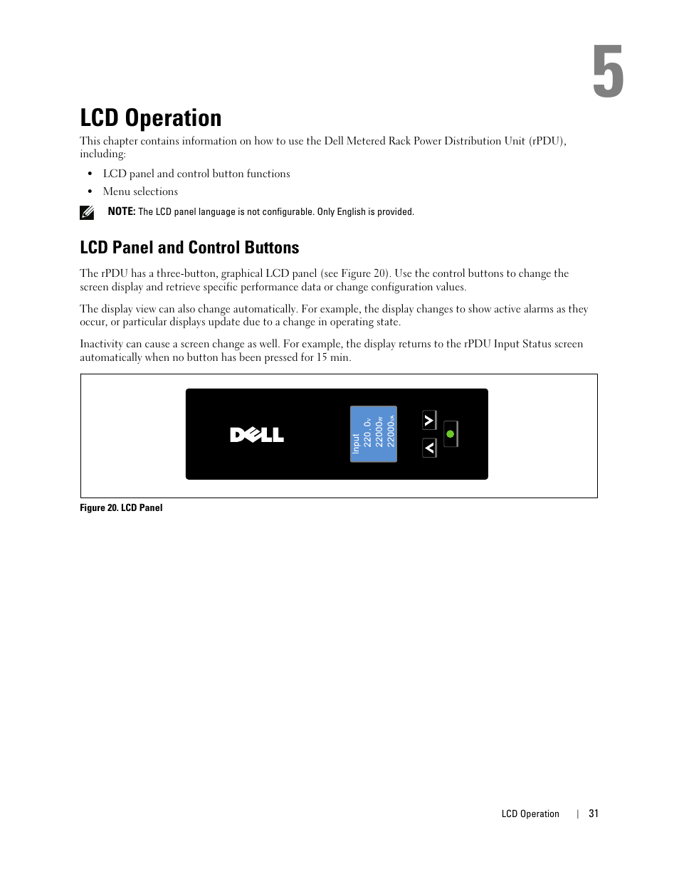 Lcd operation, Lcd panel and control buttons | Dell Metered PDU LCD User Manual | Page 31 / 90