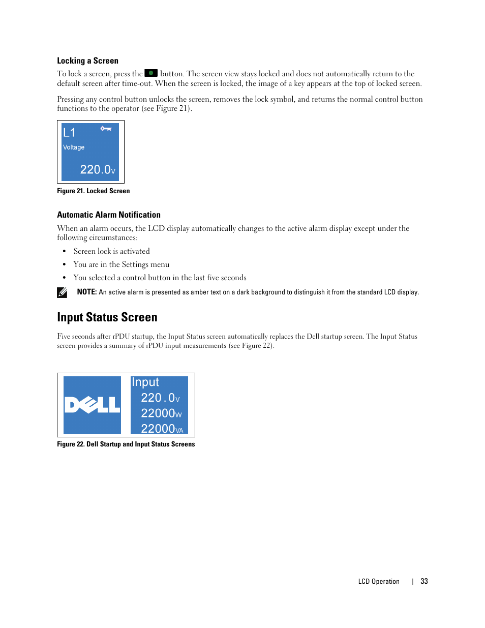 Locking a screen, Automatic alarm notification, Input status screen | Dell Metered PDU LCD User Manual | Page 33 / 90