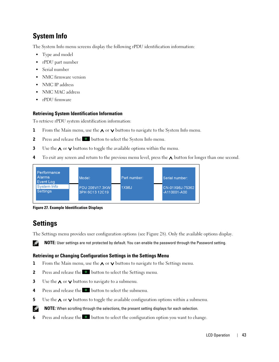System info, Retrieving system identification information, Settings | Dell Metered PDU LCD User Manual | Page 43 / 90