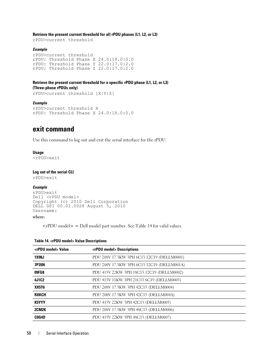 Exit command | Dell Metered PDU LCD User Manual | Page 58 / 90