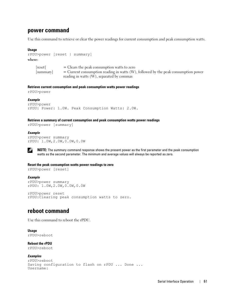 Power command, Reboot command | Dell Metered PDU LCD User Manual | Page 61 / 90
