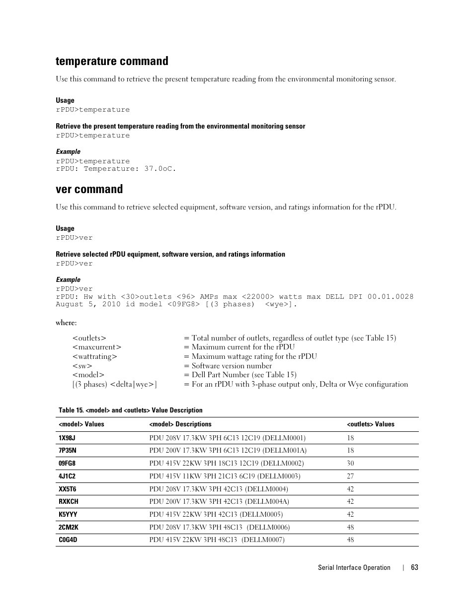 Temperature command, Ver command | Dell Metered PDU LCD User Manual | Page 63 / 90