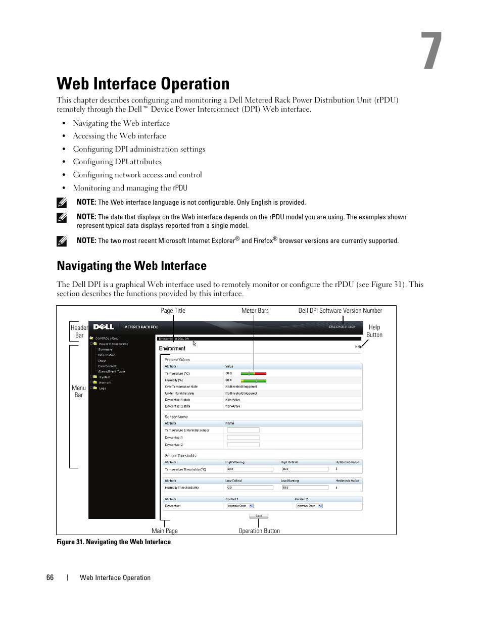 Web interface operation, Navigating the web interface | Dell Metered PDU LCD User Manual | Page 66 / 90