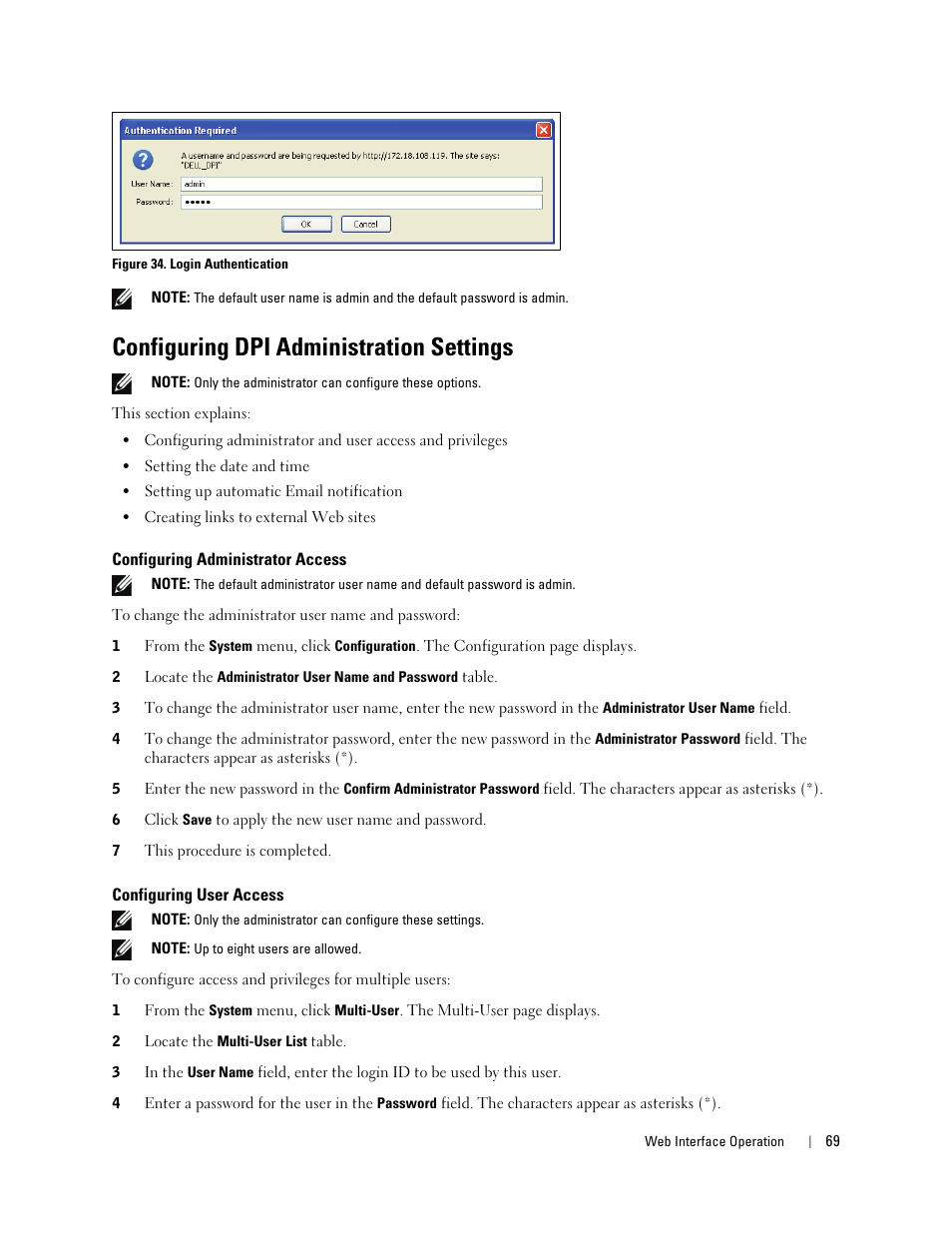 Configuring dpi administration settings, Configuring administrator access, Configuring user access | Dell Metered PDU LCD User Manual | Page 69 / 90