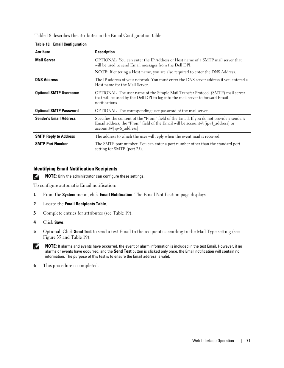 Identifying email notification recipients, Complete entries for attributes (see table 18) | Dell Metered PDU LCD User Manual | Page 71 / 90