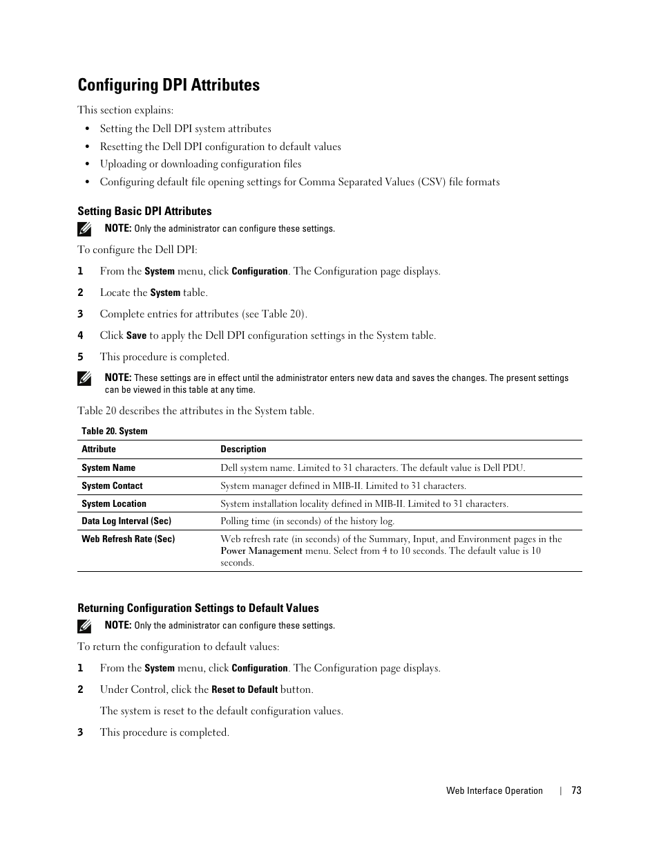 Configuring dpi attributes, Setting basic dpi attributes, Returning configuration settings to default values | Dell Metered PDU LCD User Manual | Page 73 / 90
