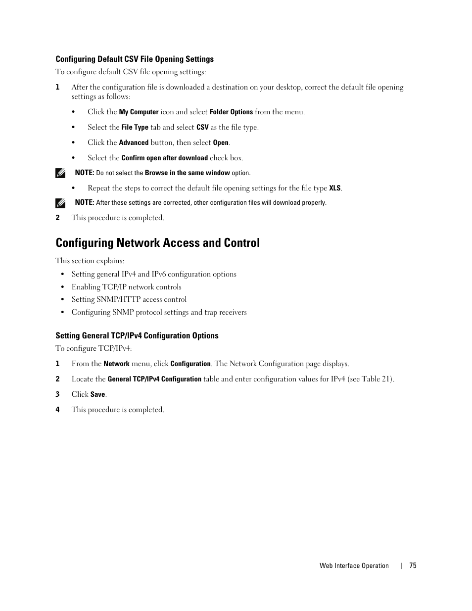 Configuring default csv file opening settings, Configuring network access and control, Setting general tcp/ipv4 configuration options | Dell Metered PDU LCD User Manual | Page 75 / 90