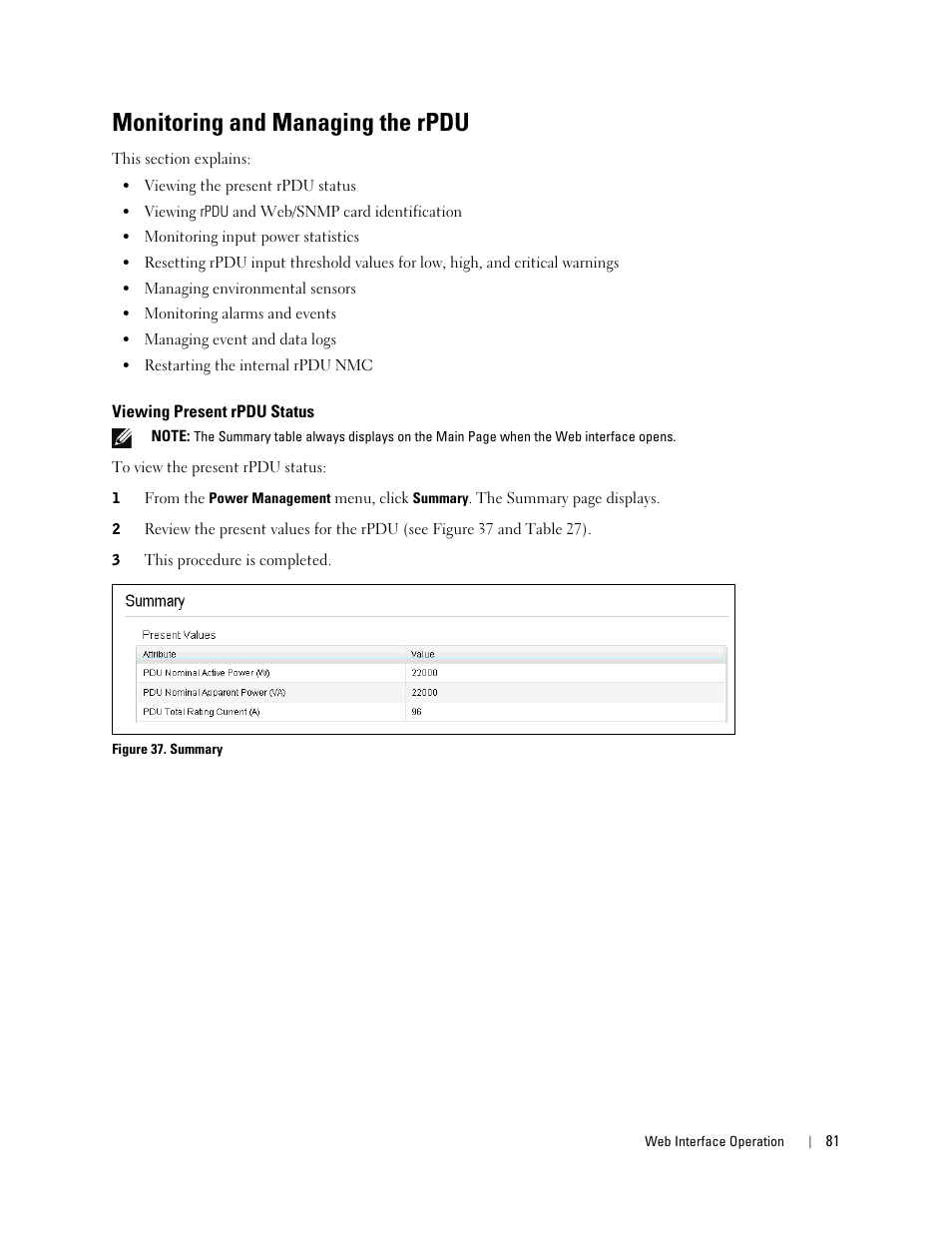 Monitoring and managing the rpdu, Viewing present rpdu status | Dell Metered PDU LCD User Manual | Page 81 / 90