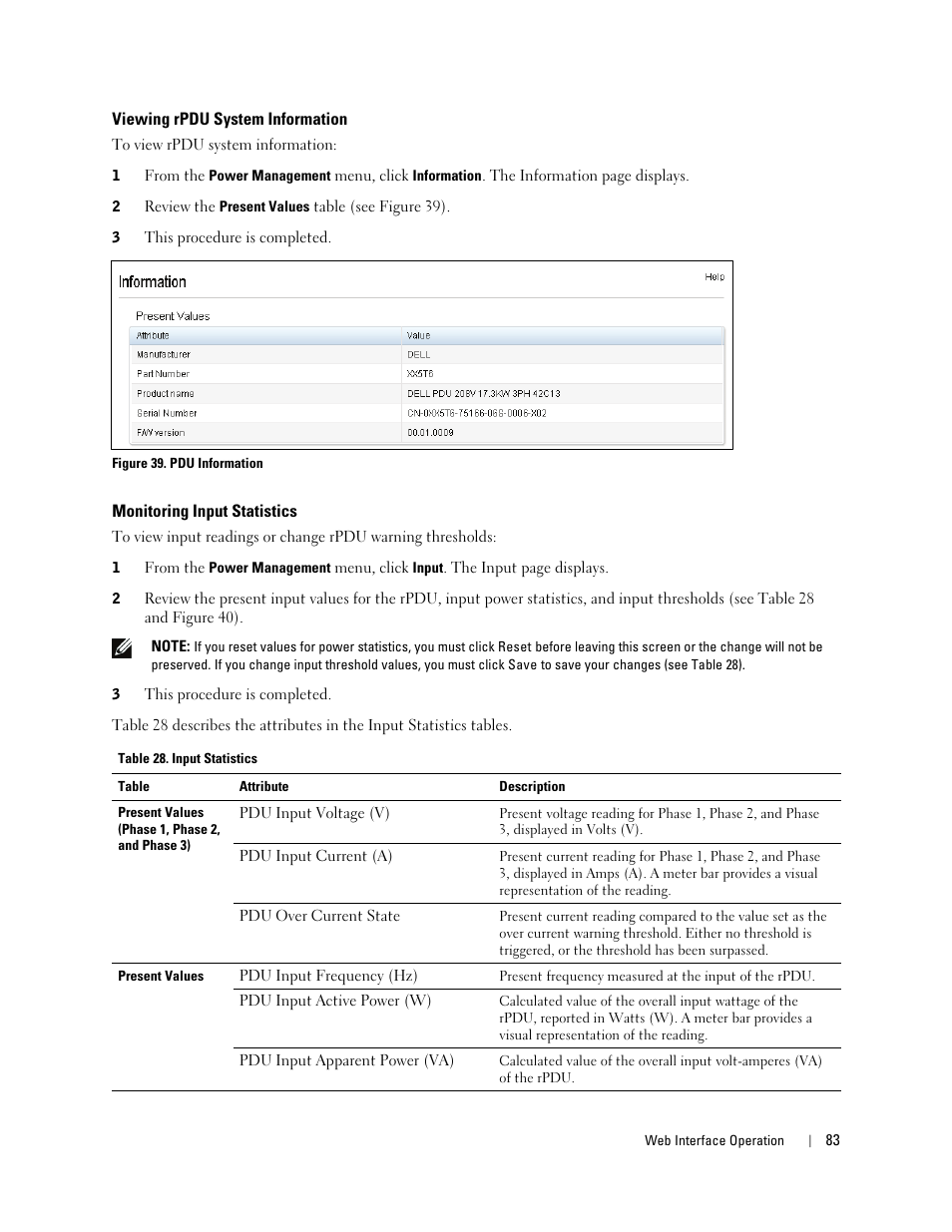 Viewing rpdu system information, Monitoring input statistics | Dell Metered PDU LCD User Manual | Page 83 / 90