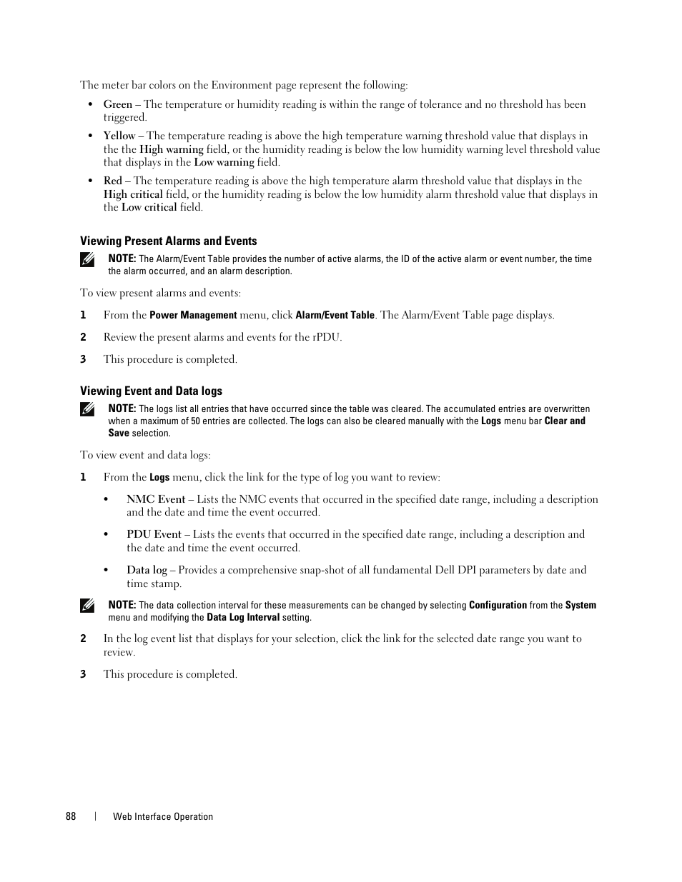 Viewing present alarms and events, Viewing event and data logs | Dell Metered PDU LCD User Manual | Page 88 / 90