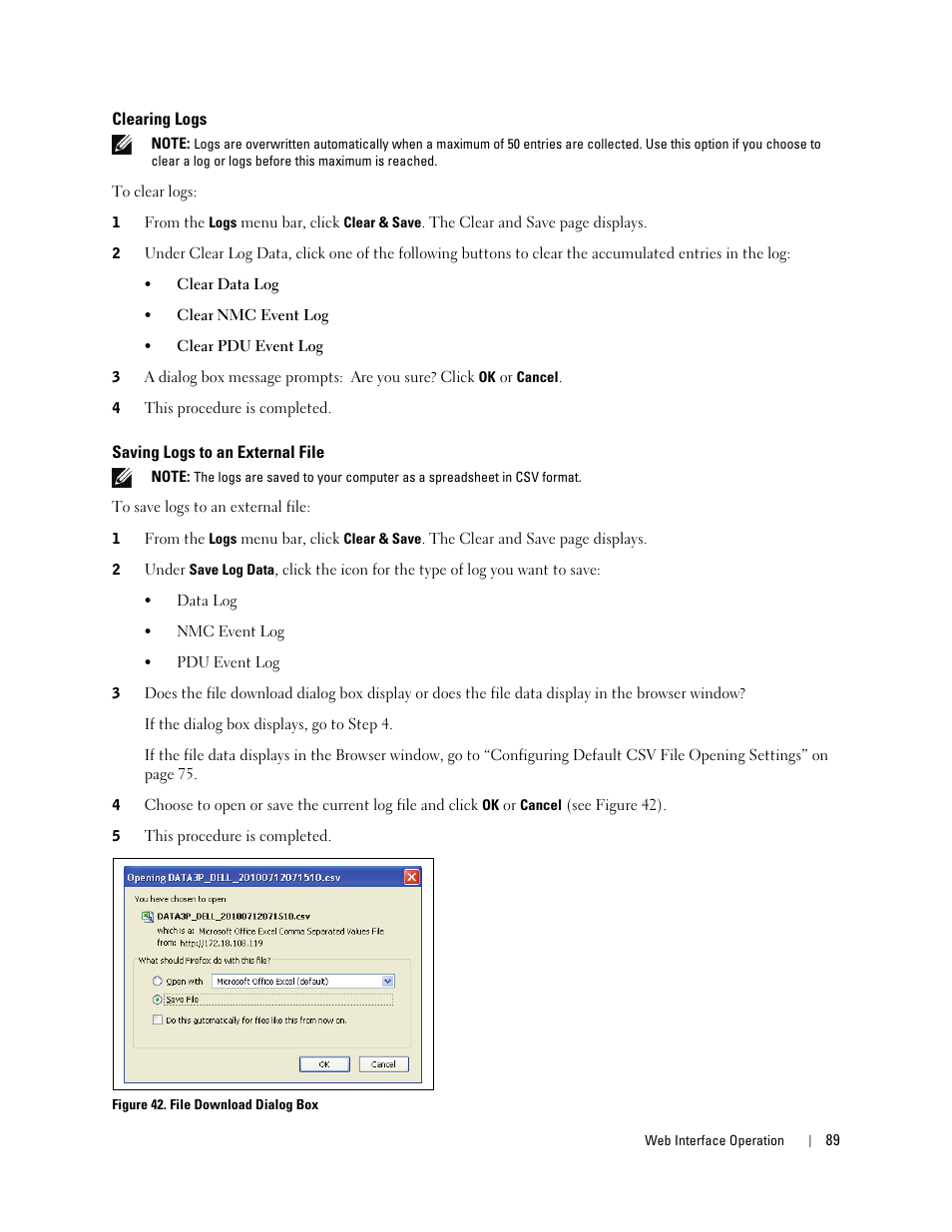 Clearing logs, Saving logs to an external file | Dell Metered PDU LCD User Manual | Page 89 / 90