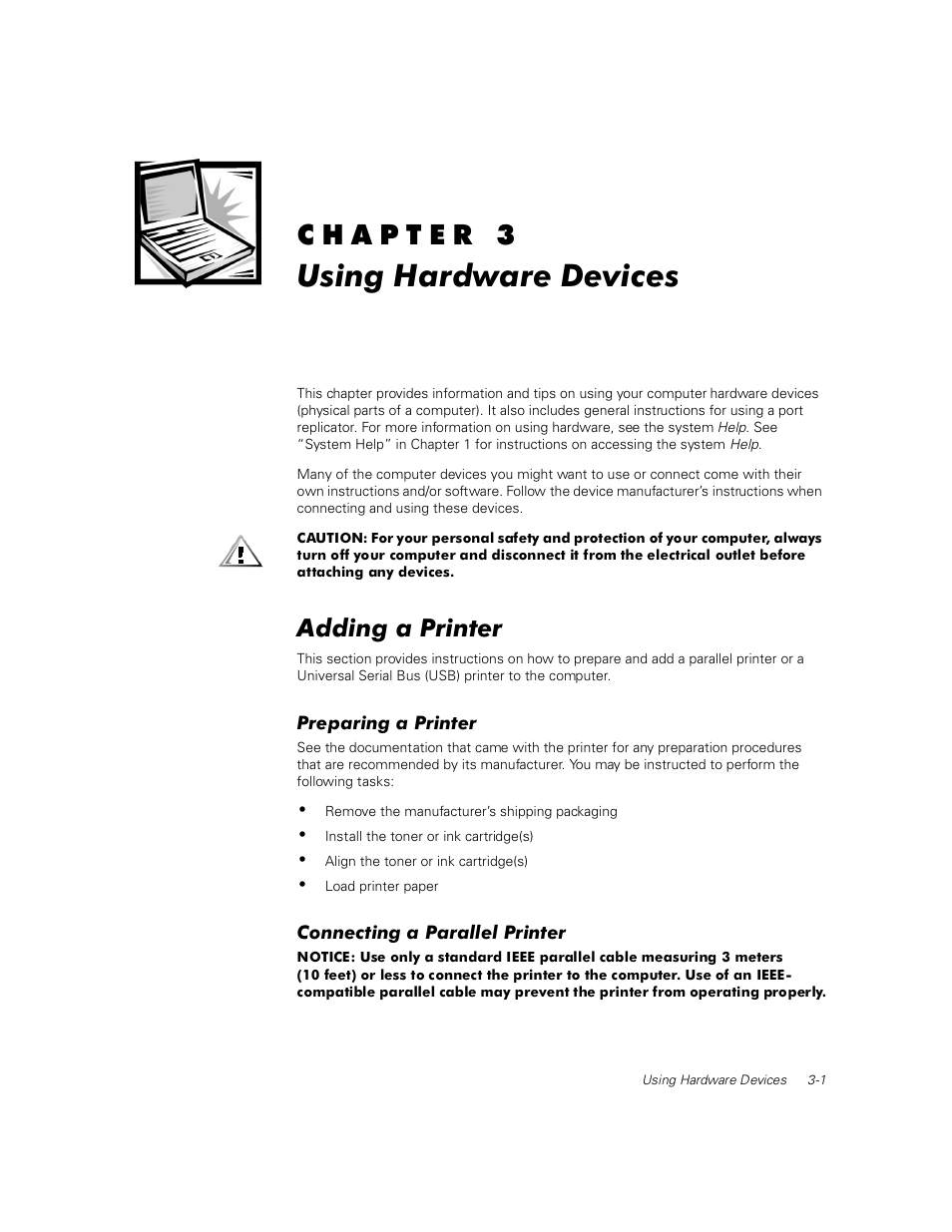 Using hardware devices, Adding a printer, Preparing a printer | Connecting a parallel printer, Adding a printer -1, Preparing a printer -1, Connecting a parallel printer -1 | Dell Inspiron 2000 User Manual | Page 11 / 18