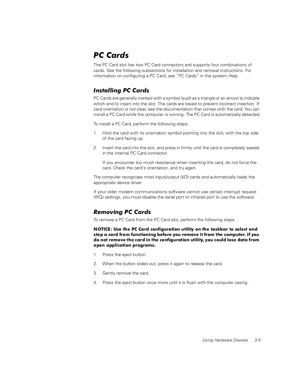 Pc cards, Installing pc cards, Removing pc cards | Pc cards -5, Installing pc cards -5, Removing pc cards -5 | Dell Inspiron 2000 User Manual | Page 15 / 18