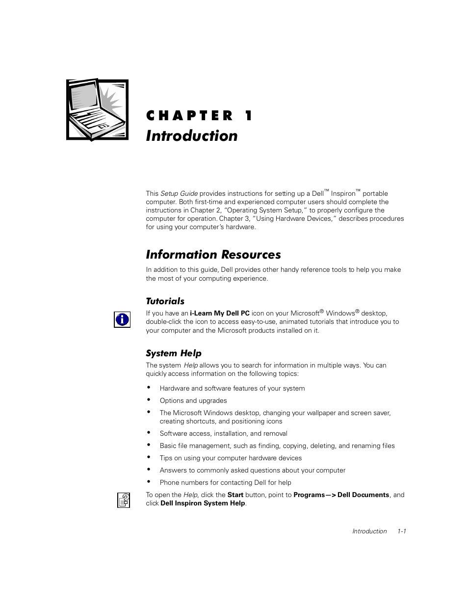 Introduction, Information resources, Tutorials | System help, Information resources -1, Tutorials -1, System help -1 | Dell Inspiron 2000 User Manual | Page 5 / 18