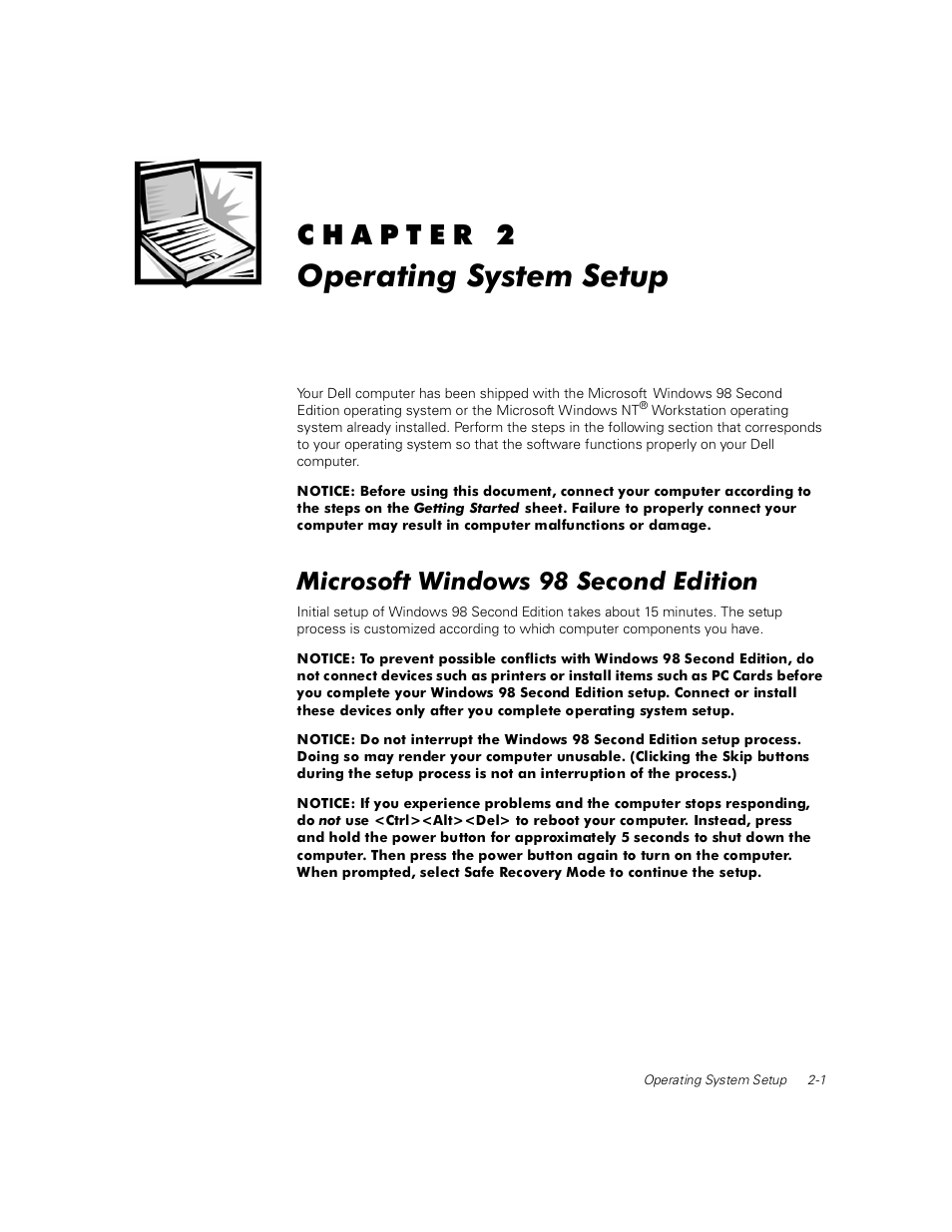 Operating system setup, Microsoft windows 98 second edition, Microsoft windows 98 second edition -1 | Dell Inspiron 2000 User Manual | Page 7 / 18