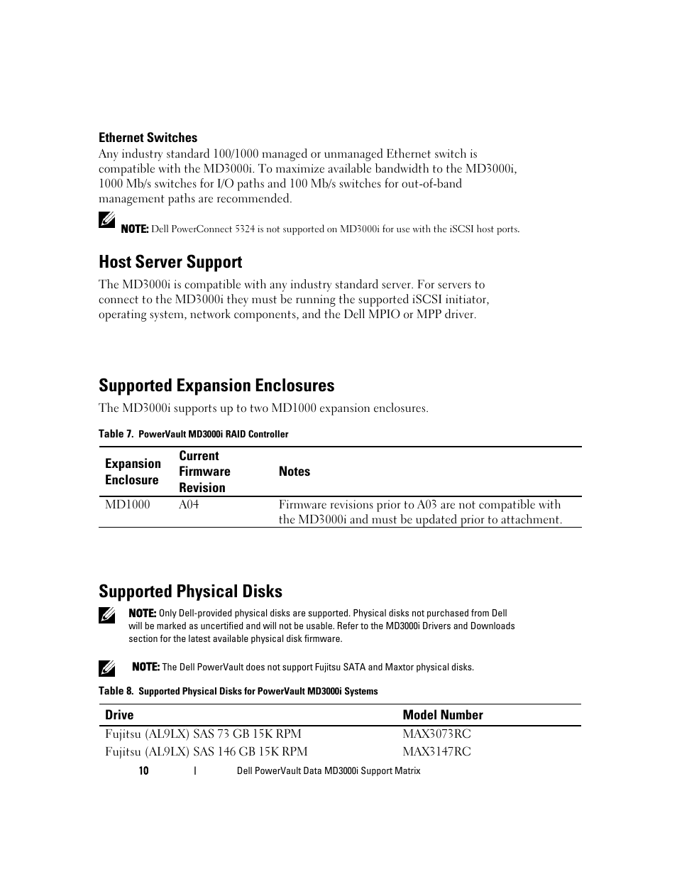 Host server support, Supported expansion enclosures, Supported physical disks | Dell PowerVault MD3000i User Manual | Page 10 / 22