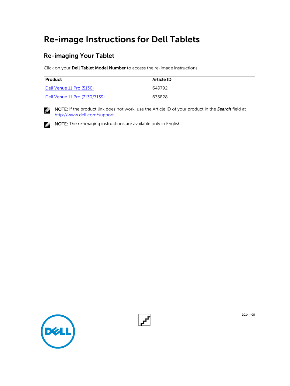 Dell Venue 11 Pro (5130-64Bit) User Manual | 1 page