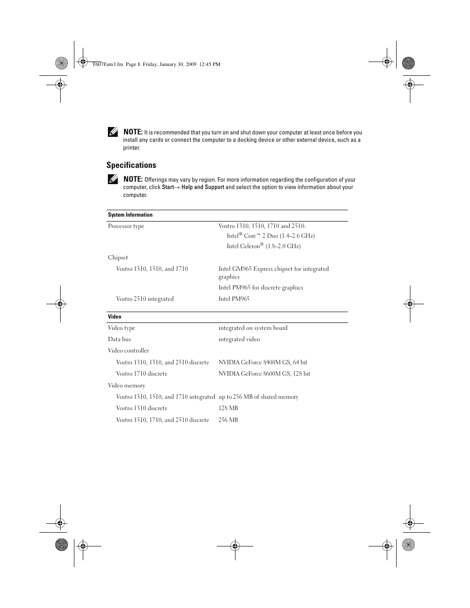 Specifications | Dell Vostro 2510 (Early 2009) User Manual | Page 8 / 12