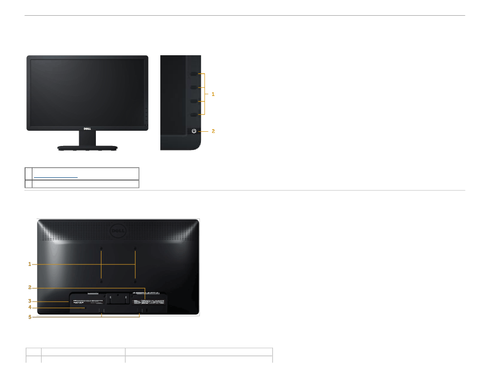 Identifying parts and controls, Front view, Back view | Dell E2213 Monitor User Manual | Page 4 / 55