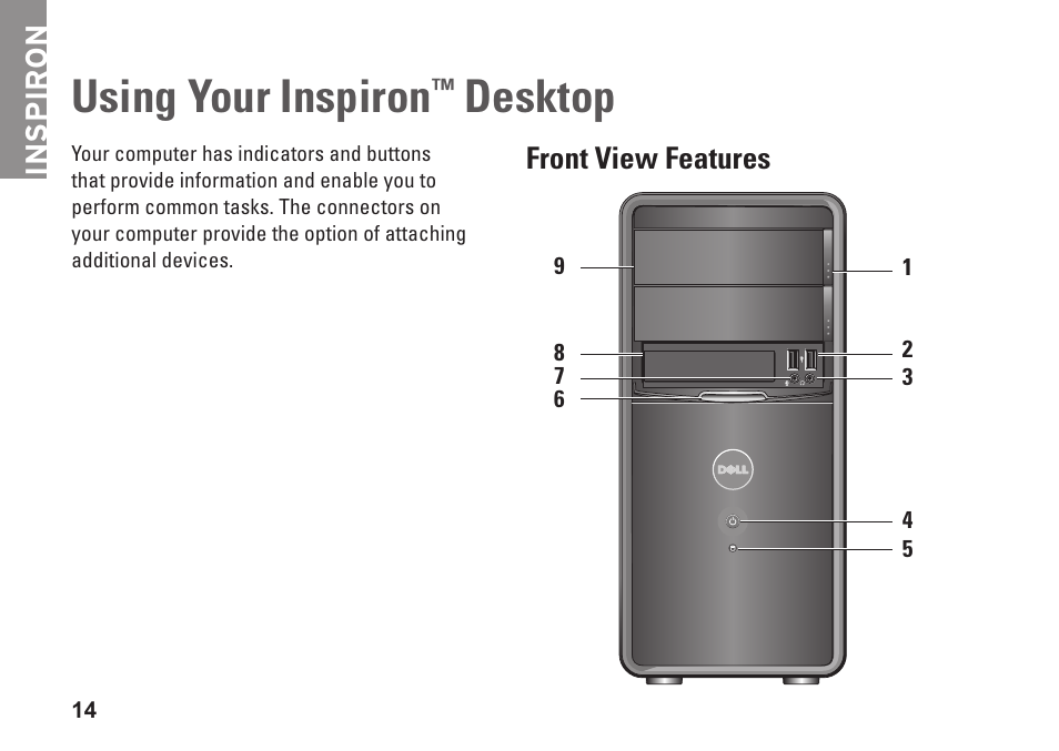 Using your inspiron™ desktop, Front view features, Using your inspiron | Desktop, Inspiron | Dell Inspiron 545 (Early 2009) User Manual | Page 16 / 64