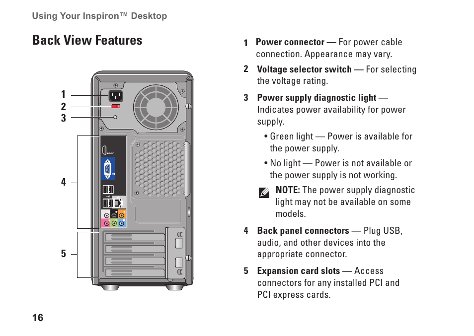 Back view features | Dell Inspiron 545 (Early 2009) User Manual | Page 18 / 64