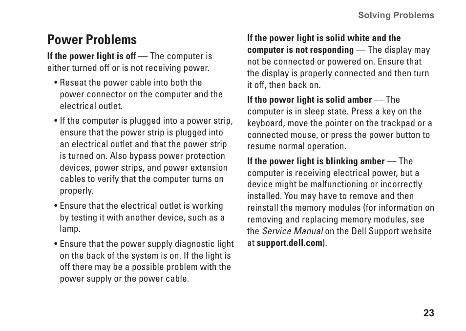 Power problems | Dell Inspiron 545 (Early 2009) User Manual | Page 25 / 64