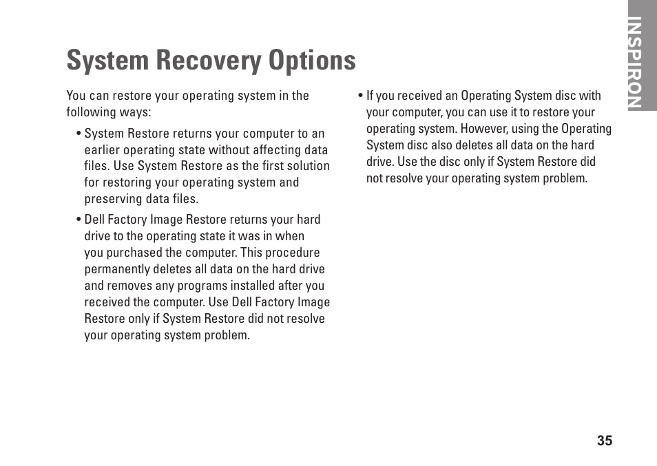 System recovery options, Inspiron | Dell Inspiron 545 (Early 2009) User Manual | Page 37 / 64