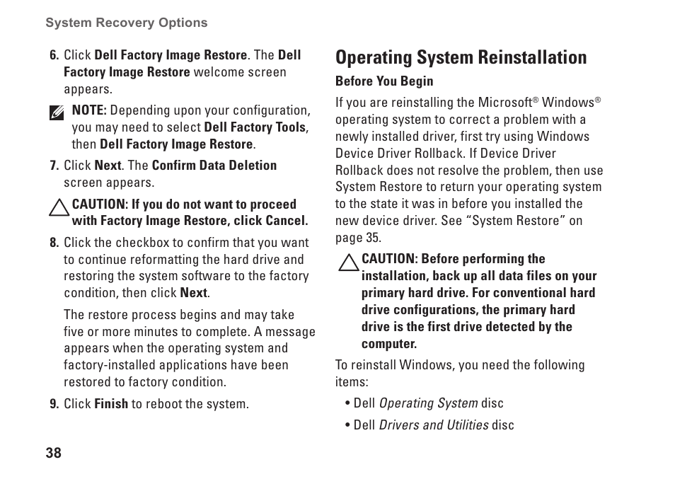 Operating system reinstallation | Dell Inspiron 545 (Early 2009) User Manual | Page 40 / 64