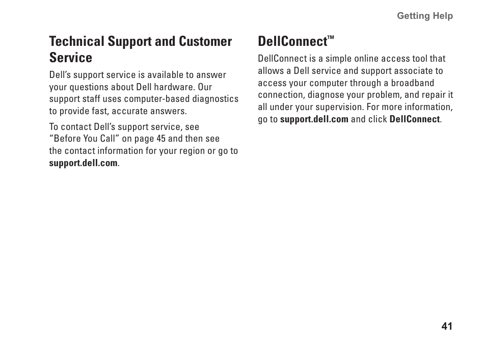 Technical support and customer service, Dellconnect, Technical support and customer | Service dellconnect | Dell Inspiron 545 (Early 2009) User Manual | Page 43 / 64