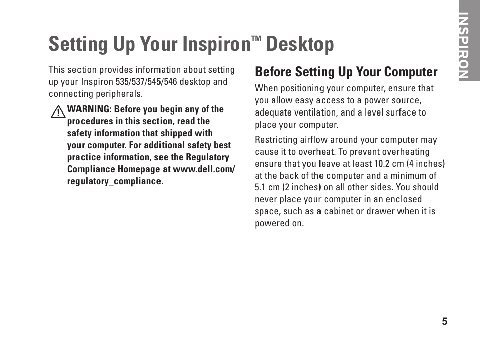 Setting up your inspiron™ desktop, Before setting up your computer, Setting up your inspiron | Desktop, Inspiron | Dell Inspiron 545 (Early 2009) User Manual | Page 7 / 64