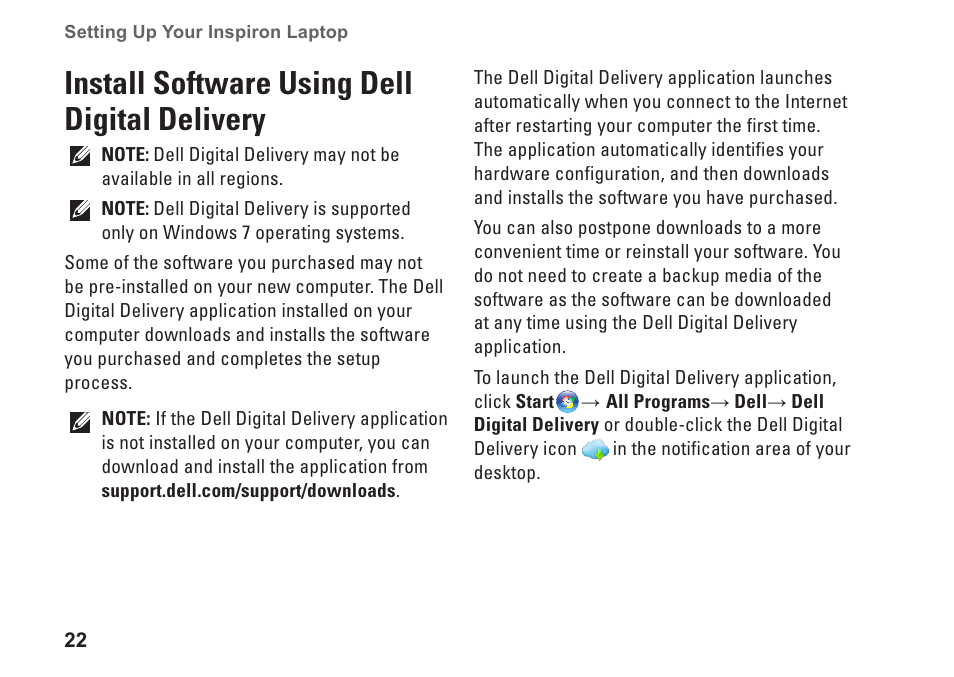 Install software using dell digital delivery, Install software using dell digital, Delivery | Dell Inspiron 15 (M5010, Early 2010) User Manual | Page 24 / 96